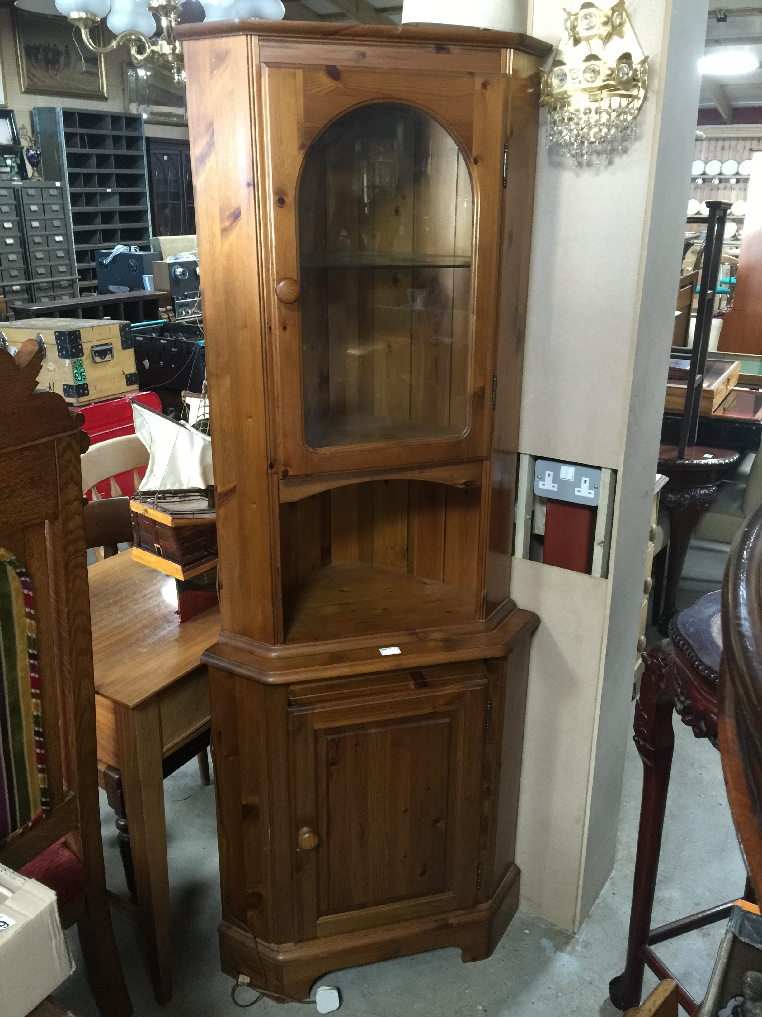 PINE CORNER CABINET WITH INTERIOR LIGHT