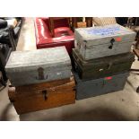 JOB LOT CONTAINING 5 OLD METAL STEAM RAILWAY TRAVELLING TRUNKS H X 42 D X 47 W X 70 CM (LARGEST)