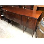 ANTIQUE STYLE MAHOGANY SIDE BOARD WITH DROP HANDLES, RAISED ON CARVED TAPERED LEGS GOOD CONDITION