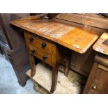 ANTIQUE SOLID OAK DROP LEAF SIDE TABLE WITH TWO DRAWERS AND EBONIZED HANDLES H X 76 D X 39 W X 90 (