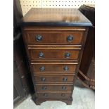 ANTIQUE STYLE SMALL MAHOGANY CHEST OF 6 SMALL DRAWERS WITH MAPLE INLAY AND BRASS HANDLES RAISED ON A