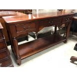 LARGE LOMBOK STYLE 3 DRAWER MAHOGANY SIDE BOARD WITH TURNED LEGS AND SHELF GOOD CONDITION H X 80 D X