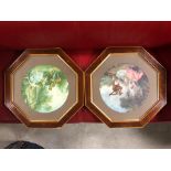 PAIR OF RENAISSANCE STYLE COLOUR PRINTS OF FIGURES IN OCTAGONAL MAHOGANY FRAMES H X 54 W X 54 CM