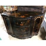 ORIENTAL PAINTED SCENED / BLACK LAQUER WEAR EFFECT ANTIQUE STYLE BOW FRONTED SIDE BOARD WITH 3
