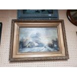 OIL ON BOARD OF SNOWY COUNTRY SCENE IN ORNATE GUILTED GENOPE FRAME H X 59 D X 7.5 W X 80 CM