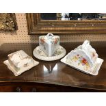 3 ASSORTED CHEESE DISHES WITH LIDS, AND ENGLISH FLORAL DECORATION