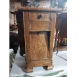 ANTIQUE SOLID ELM SIDE TABLE WITH PANELLED FRONT, SINGLE DRAWER AND DROP DOWN CUPBOARD H X 77 D X 33