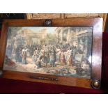 HANDPAINTED AND COLOURED PRINT OF EGYPTIAN SCENE TITLED LOVES DILEMMA IN CARVED OAK FRAME H X 56.5 W