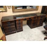 VINTAGE STYLE GREEN EMBOSSED LEATHER TOP TWIN PEDESTAL WRITING DESK, WITH 9 DRAWERS, TO INCLUDE 2