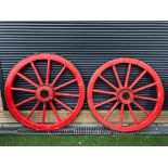 ANTIQUE PAIR OF LARGE WOODEN CAST IRON BOUND COACH / CART WHEELS DIAMETER 136CM