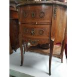 HALF MOON ROSEWOOD 2 DRAWER SIDE TABLE WITH MAPLE AND EBONY INLAY WITH MARBLE TOP BRASS DROP HANDLES