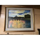 OIL ON CANVAS IN WOODEN GILT FRAME. RIVER / CITY SCAPE. POSSIBLY ITALIAN. H X 52 W X 61 CM