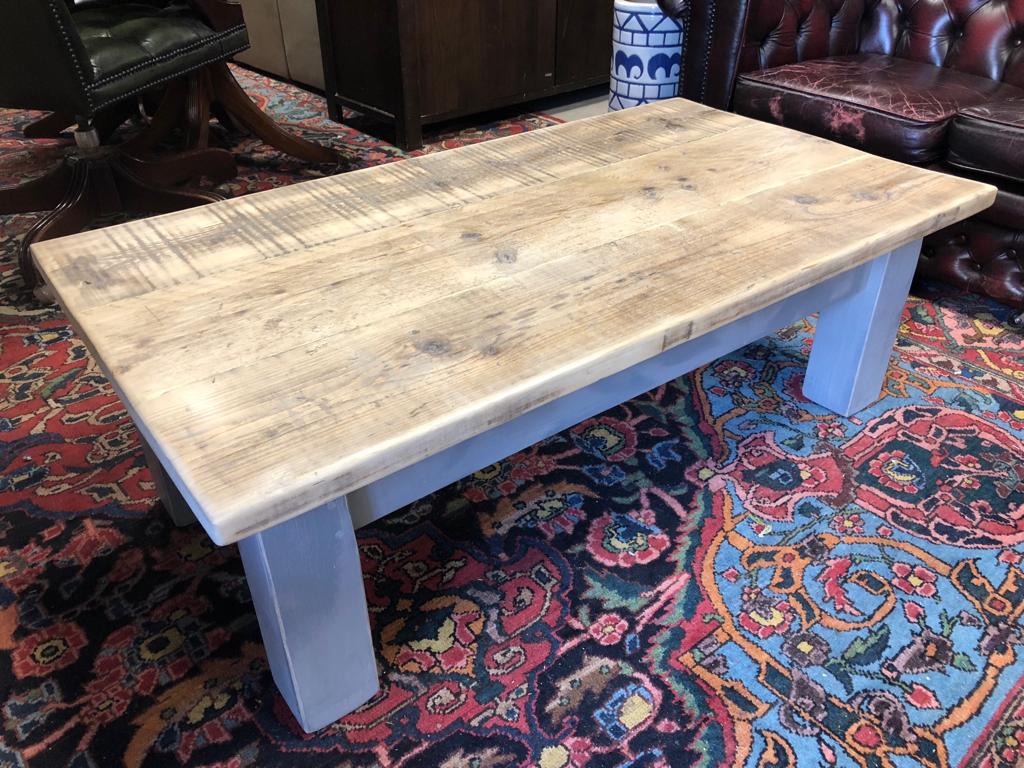 RECTANGULAR COFFEE TABLE HAND MADE FROM RECLAIMED PINE WITH PAINTED LIGHT GREY BASE H X 39.5 D X