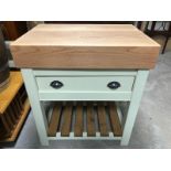 HAND MADE OAK TOP BUTHERS BLOCK WITH SINGLE DRAWER AND CUP HANDLES. CONSTRUCTED FROM RECLAIMED