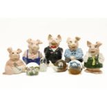 A five piece Wade NatWest Piggy Bank Set, to include baby, bank manager, together with four glass