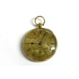 A Continental 18ct gold open faced pocket watch, with Arabic numerals and subsidiary seconds dial,