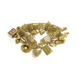 A gold four row gate-link bracelet with padlock, marked 9ct with 24 assorted charms, including an