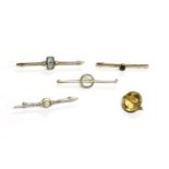 Four assorted bar brooches, and another, comprising of a gold Art Deco eight cut diamond circle