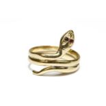 A gold snake ring, with ruby set eyes, tested and valued as 18ct gold, Len Wilson Jewellers2.91g