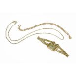 A gold curb link chain with sphere charm, an Art Deco ladies 9ct gold mechanical watch with later