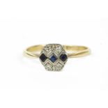 An Art Deco gold sapphire and diamond hexagonal plaque ring, marked 18ct and PLAT,2.01g