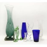 A collection of coloured glass, tallest 71cm high, a cut glass vase and clear glass ewer (7)