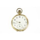 A gold open faced pocket watch, marked 18k, white enamel dial with Arabic numerals and subsidiary
