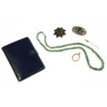 A collection of items to include a single row Aventurine bead necklace, an Arts & Craft style