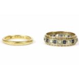 A 22ct gold wedding ring, London 1949, and a 9ct gold sapphire and white stone eternity