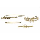 Four assorted bar brooches, comprising a gold plain bar brooch, marked 15ct, a gold split pearl