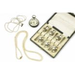 A collection of miscellaneous items to include a two row cultured pearl necklace, a silver open