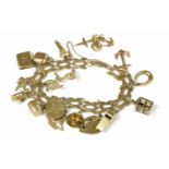 A gold fancy link bracelet, marked 9ct, tested and valued as 9ct, with fourteen assorted charms,