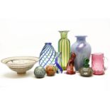 Glassware to include nine items: a Seguso Murano cat, tall ribbed green vase, 31.5cm, blue and green