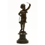 A 19th century German bronze figure of a young girl with a hoop and stick, indistinctly signed, base