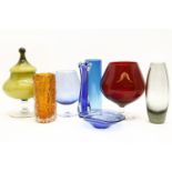 A quantity of coloured glass, to include a Whitefriars 'bark' vase in tangerine colour, a