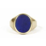 A ladies 9ct gold Lapis Lazuli oval plaque signet ring,4.50g