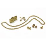 A 9ct gold rope link necklace, a pair of Continental cufflinks, engraved HKS marked 333, together