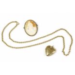 A 9ct gold belcher chain necklace, a front and back heart shaped locket, and a shell cameo brooch