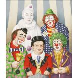 *Fred Aris (1932-1995)FOUR CLOWNS AND A RINGMASTERSigned l.r., oil on board50.5 x 43cm*Artist's