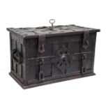 A large steel treasure chest,16th century, with dummy lock and discrete opening point, 74cm wide,