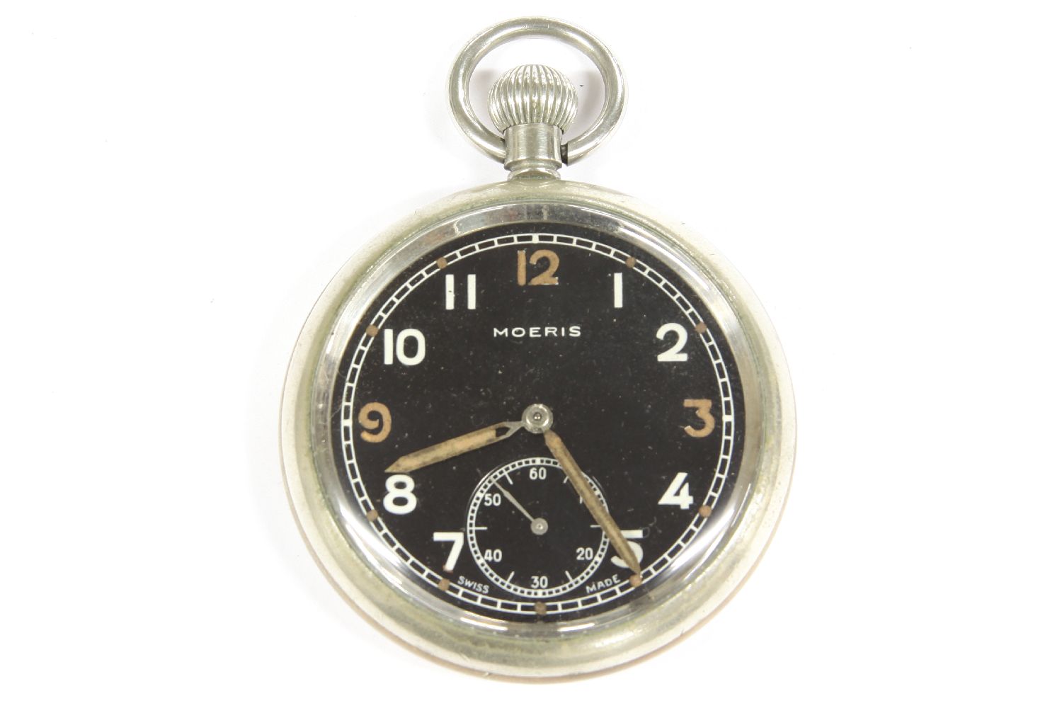 A Moeris military issue pocket watch, the back engraved with the Broad Arrow 'Crows Foot' mark