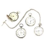 Four silver cased pocket watches, comprising: a Rolex open face (dial cracked) with silver Albert