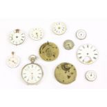 Assorted pocket and fob watch dials and movements, to include a silver pocket watch, dial signed T E