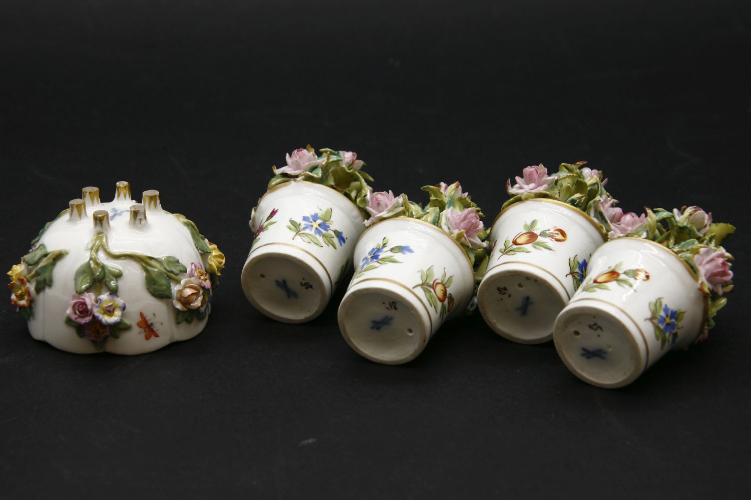 A Meissen cup, floral encrusted, and four Continental flowers in pots - Image 2 of 2