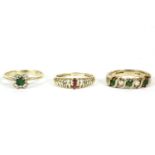A 9ct gold five stone circular cut emerald and diamond half eternity ring, a gold circular emerald