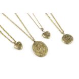 A 9ct gold heart shaped locket on a box link chain, a gold front and back heart shaped locket on