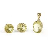 A 9ct gold brilliant cut diamond and oval mixed cut lemon quartz pendant, and a pair of matching 9ct