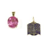 An Egyptian gold single stone pink synthetic sapphire pendant, and a gold blue enamel and Hebrew