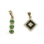 A 9ct gold tsavorite garnet and diamond bar pendant, and a 9ct gold square diamond and sapphire