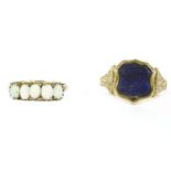 A gold lapis lazuli signet ring, (tested as approximately 9ct gold), and an Edwardian gold five